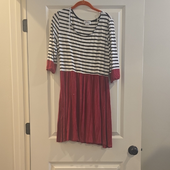 Casual Striped Black and White Dress with Red Skirt - Picture 1 of 1
